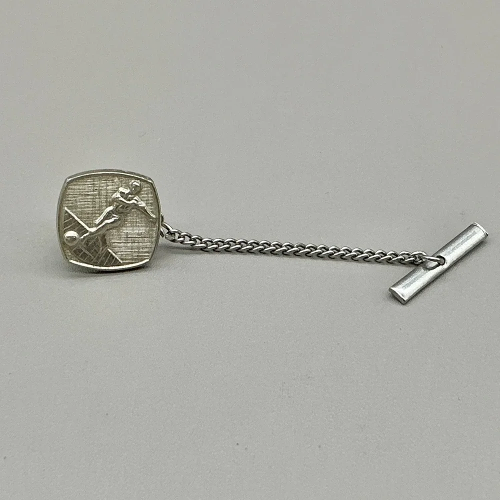 CL MED Italy Vintage Soccer Player Men's Tie Tack Tie Pin Silver Tone Chain Bar